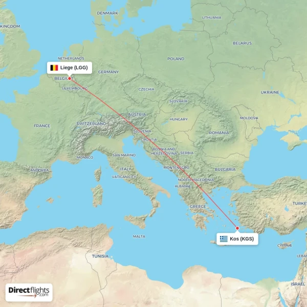 Kos - Liege direct flight map