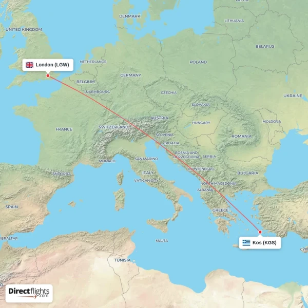 Kos - London direct flight map