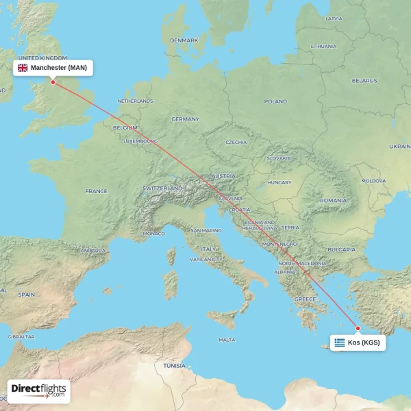 Kos - Manchester direct flight map