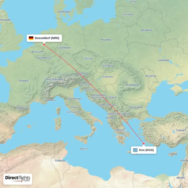 Kos - Dusseldorf direct flight map