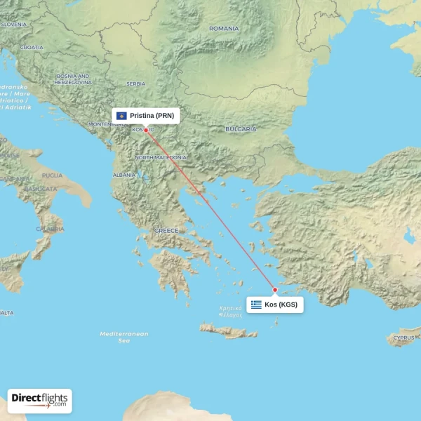 Kos - Pristina direct flight map