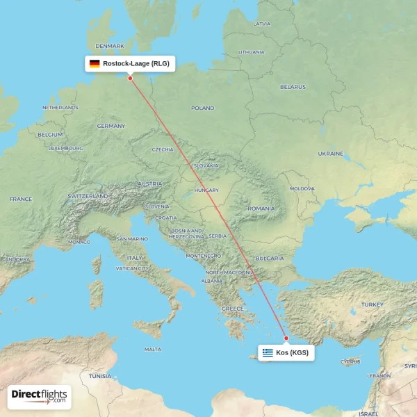 Kos - Rostock-Laage direct flight map