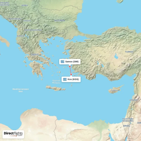 Kos - Samos direct flight map