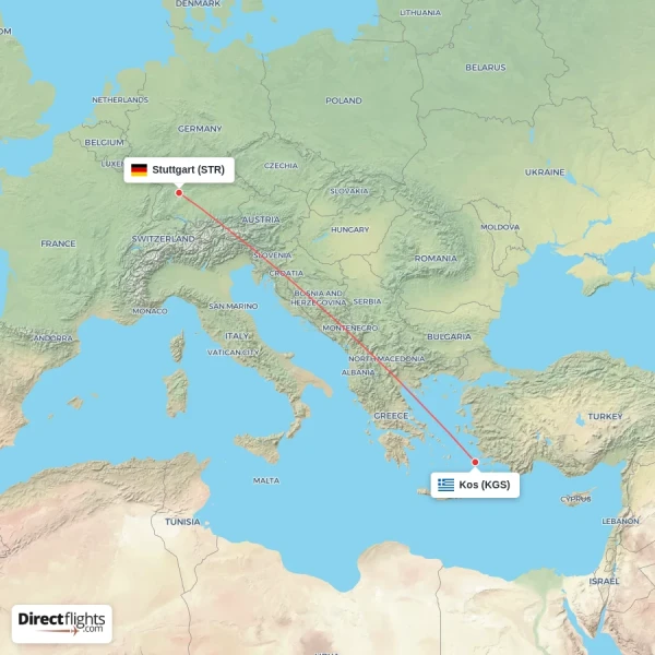 Kos - Stuttgart direct flight map