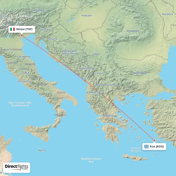 Kos - Venice direct flight map