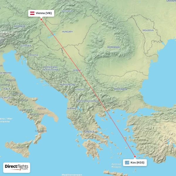 Kos - Vienna direct flight map