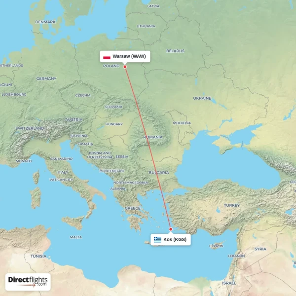 Kos - Warsaw direct flight map