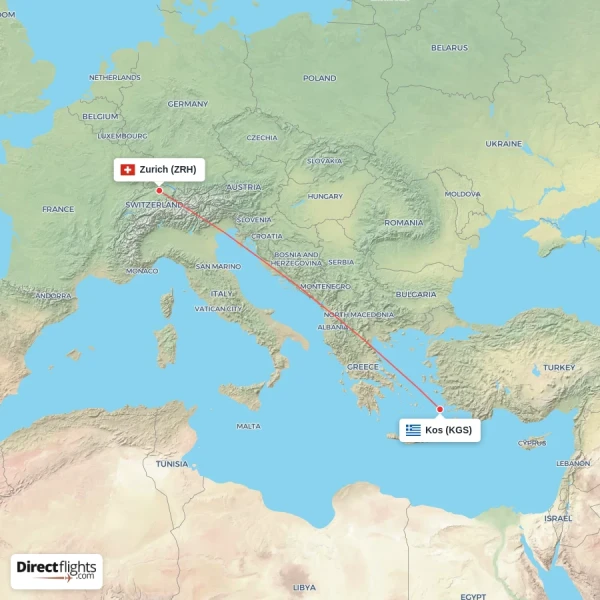 Kos - Zurich direct flight map