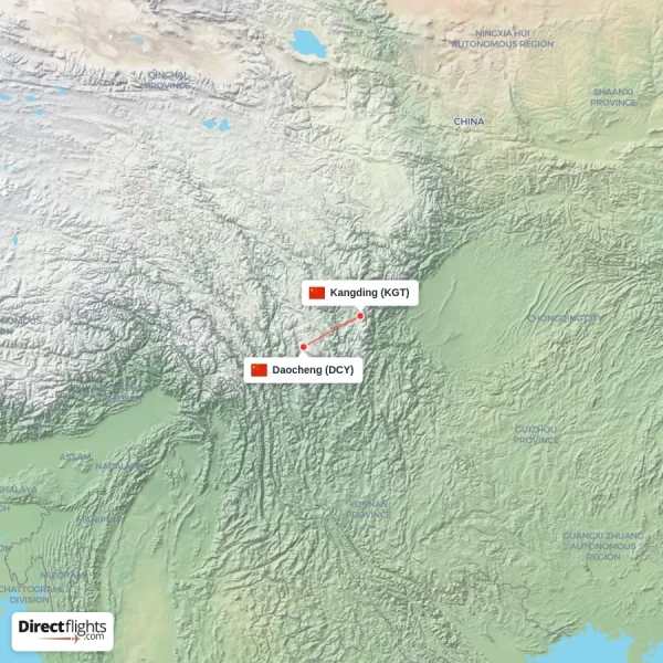 Kangding - Daocheng direct flight map