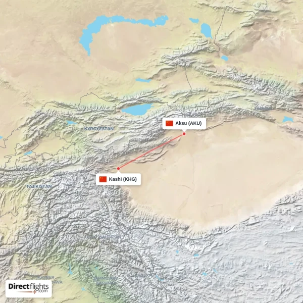 Kashi - Aksu direct flight map