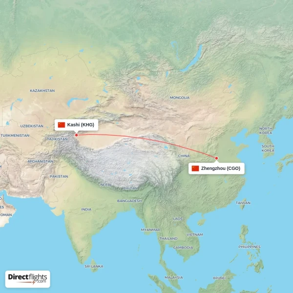 Kashi - Zhengzhou direct flight map