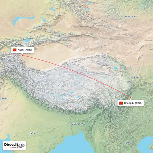 Kashi - Chengdu direct flight map