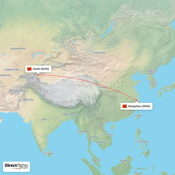 Kashi - Hangzhou direct flight map