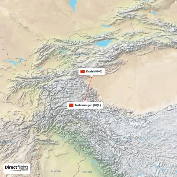 Kashi - Tashikuergan direct flight map