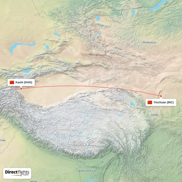 Kashi - Yinchuan direct flight map