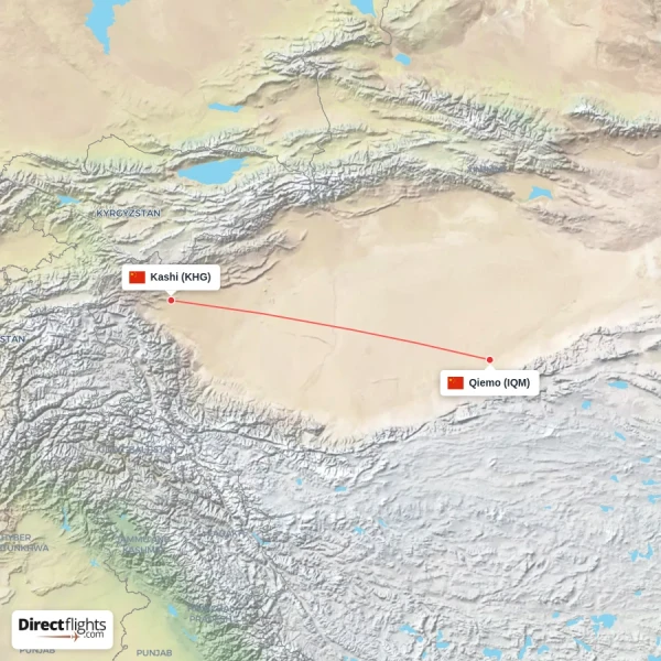 Kashi - Qiemo direct flight map