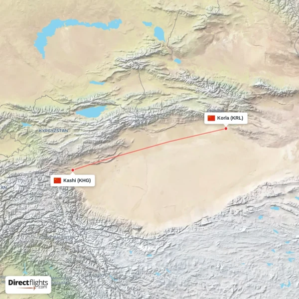 Kashi - Korla direct flight map
