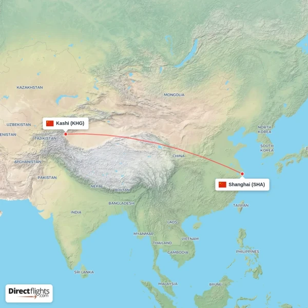 Kashi - Shanghai direct flight map