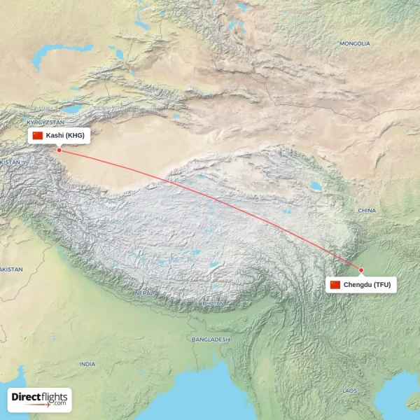 Kashi - Chengdu direct flight map
