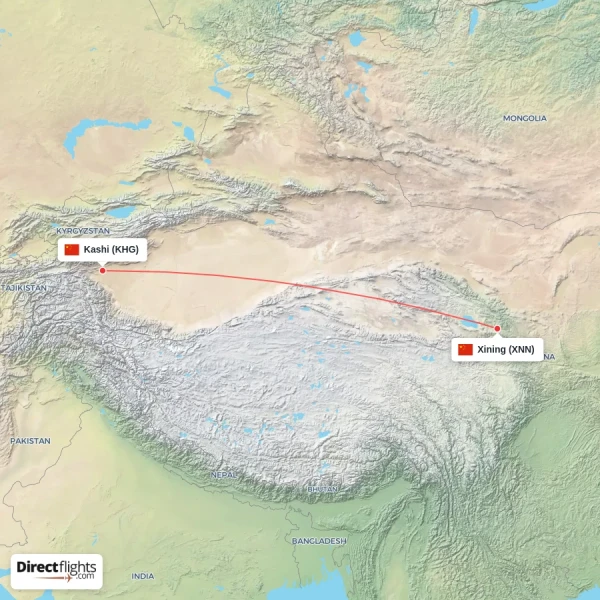 Kashi - Xining direct flight map