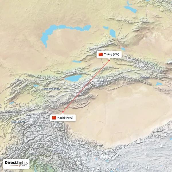 Kashi - Yining direct flight map