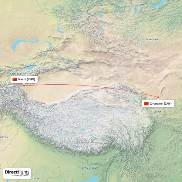 Kashi - Zhongwei direct flight map