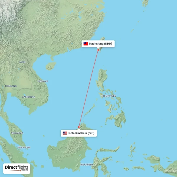 Kaohsiung - Kota Kinabalu direct flight map