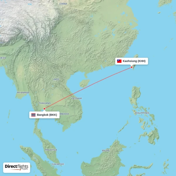Kaohsiung - Bangkok direct flight map