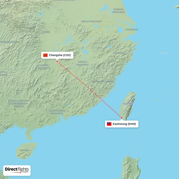 Kaohsiung - Changsha direct flight map