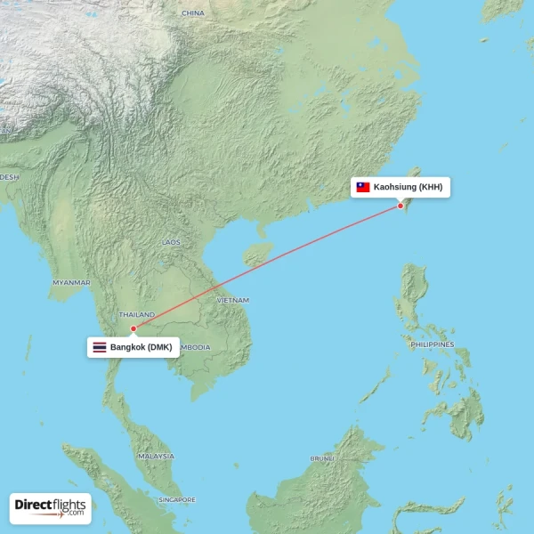 Kaohsiung - Bangkok direct flight map