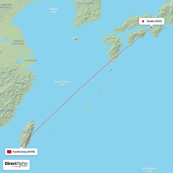 Kaohsiung - Osaka direct flight map