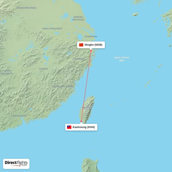 Kaohsiung - Ningbo direct flight map