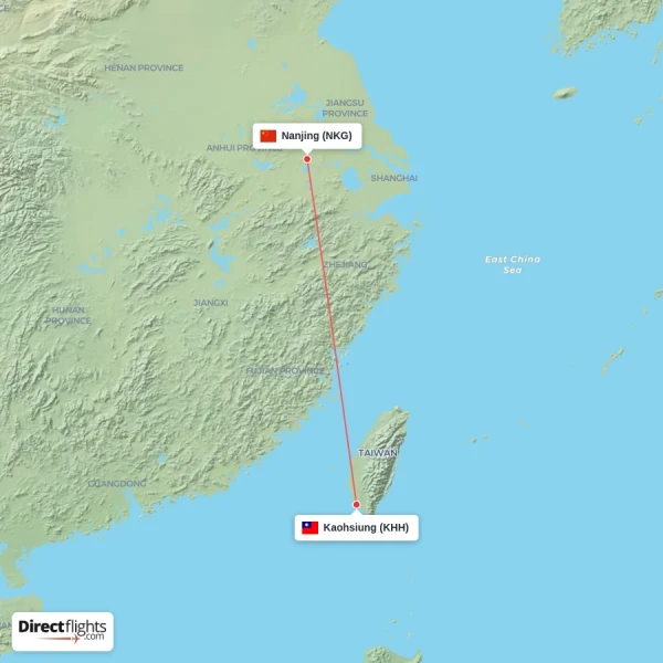 Kaohsiung - Nanjing direct flight map