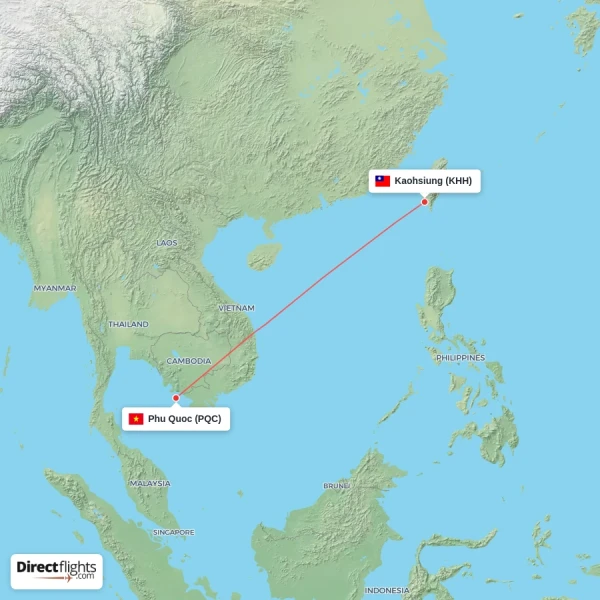 Kaohsiung - Phu Quoc direct flight map