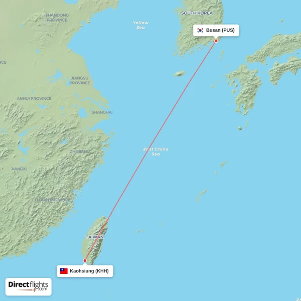 Kaohsiung - Busan direct flight map