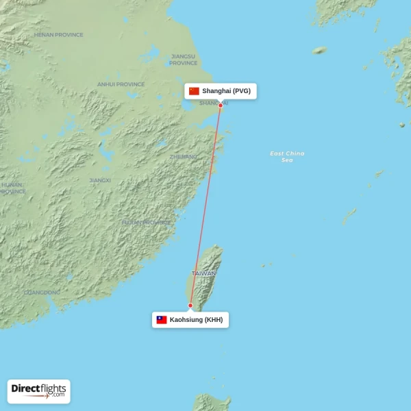 Kaohsiung - Shanghai direct flight map