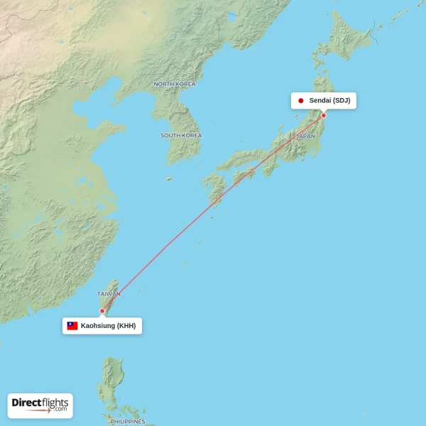 Kaohsiung - Sendai direct flight map