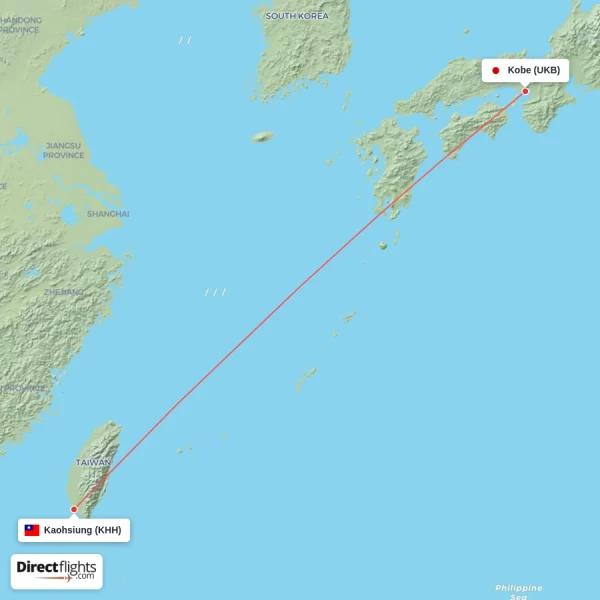 Kaohsiung - Kobe direct flight map