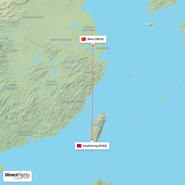 Kaohsiung - Wuxi direct flight map