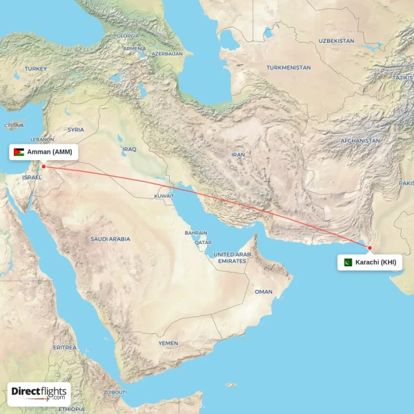 Karachi - Amman direct flight map