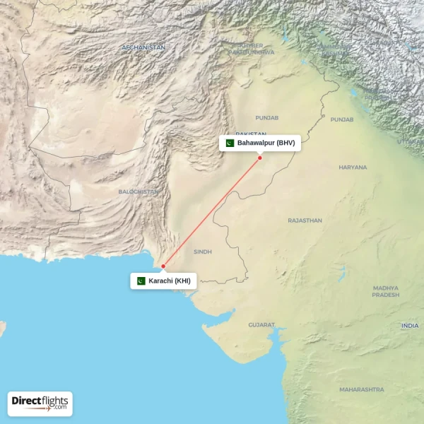Karachi - Bahawalpur direct flight map