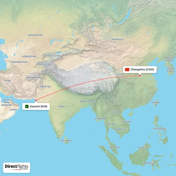 Karachi - Zhengzhou direct flight map