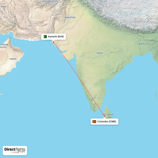 Karachi - Colombo direct flight map