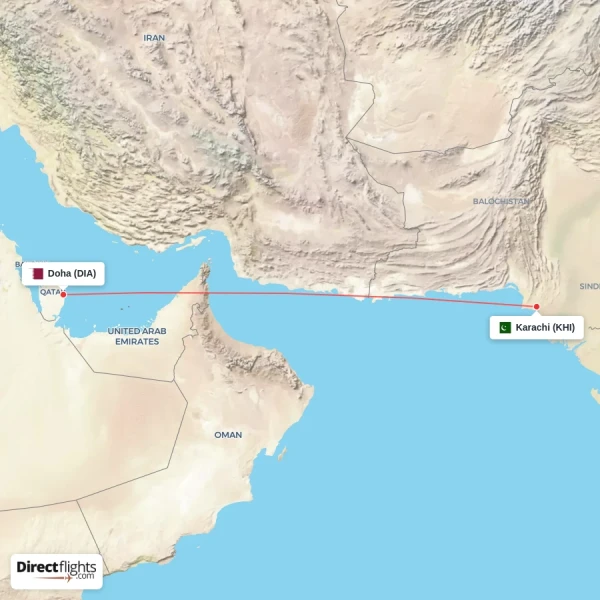 Karachi - Doha direct flight map