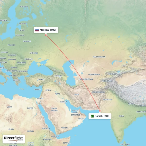 Karachi - Moscow direct flight map