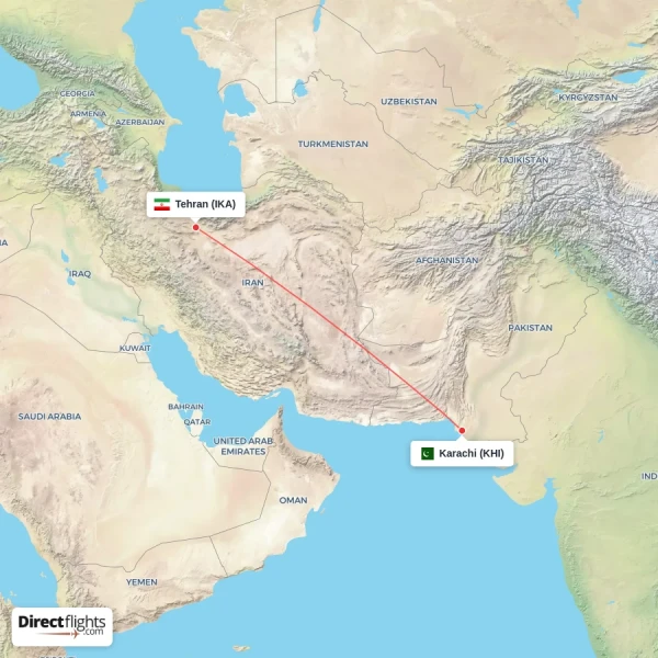 Karachi - Tehran direct flight map
