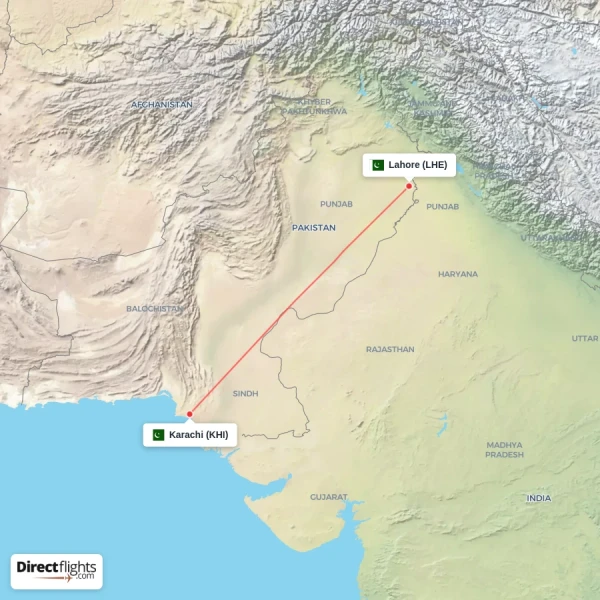 Karachi - Lahore direct flight map
