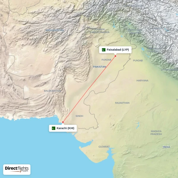 Karachi - Faisalabad direct flight map