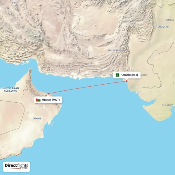 Karachi - Muscat direct flight map