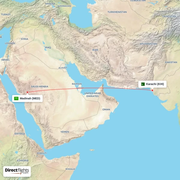 Karachi - Madinah direct flight map